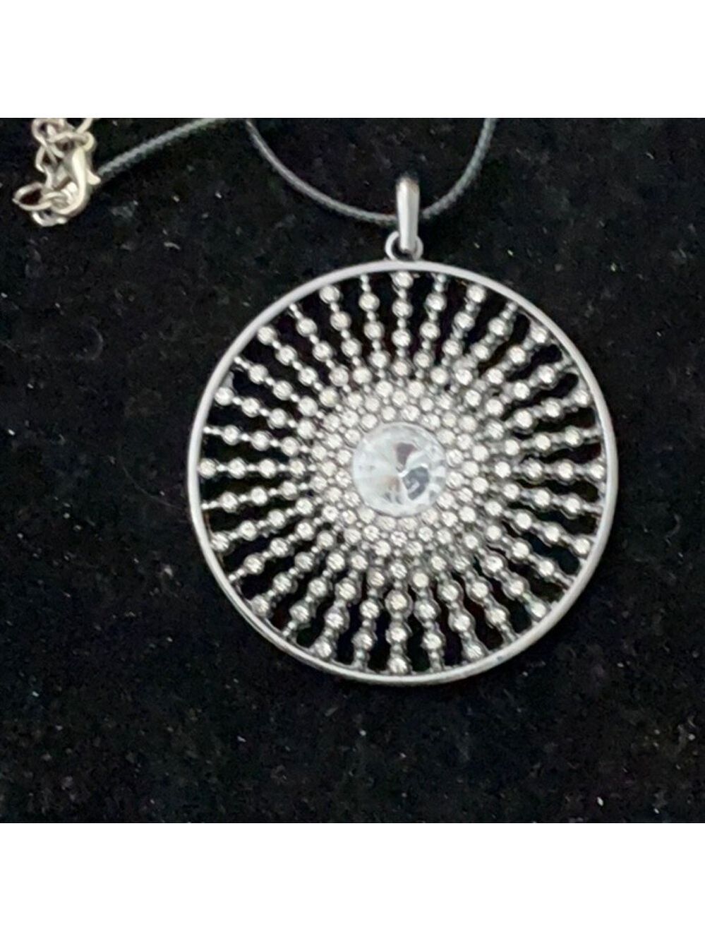 Silver Crystal Pendant Necklace Black Leather Chain